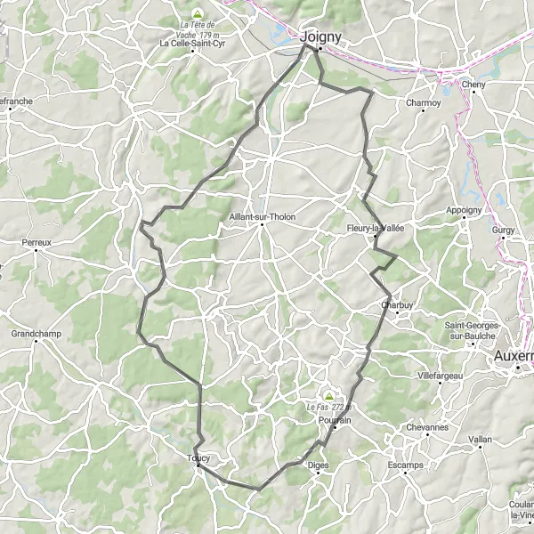 Map miniature of "Toucy to Château de la Motte Miton" cycling inspiration in Bourgogne, France. Generated by Tarmacs.app cycling route planner