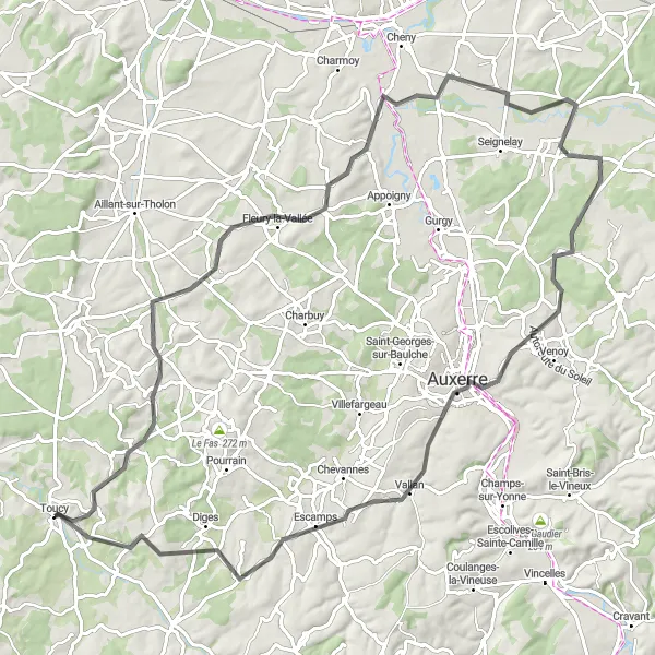 Map miniature of "Road Cycling Toucy Loop" cycling inspiration in Bourgogne, France. Generated by Tarmacs.app cycling route planner