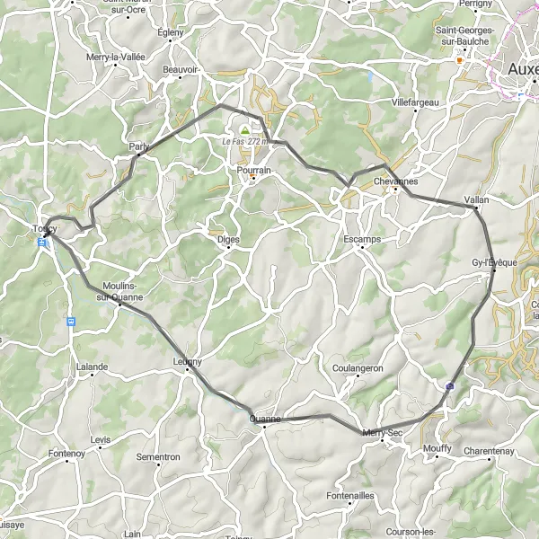 Map miniature of "Parly and Merry-Sec Loop" cycling inspiration in Bourgogne, France. Generated by Tarmacs.app cycling route planner