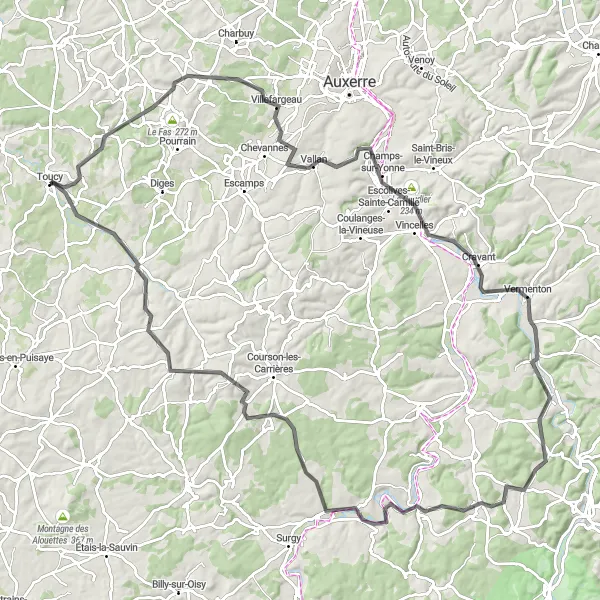 Map miniature of "Cure and Ouanne Valley Loop" cycling inspiration in Bourgogne, France. Generated by Tarmacs.app cycling route planner