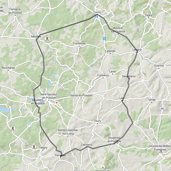 Map miniature of "Puisaye Landscapes Loop" cycling inspiration in Bourgogne, France. Generated by Tarmacs.app cycling route planner