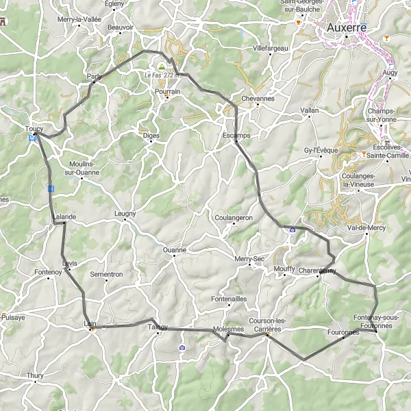 Map miniature of "Scenic Road Cycling Route from Toucy" cycling inspiration in Bourgogne, France. Generated by Tarmacs.app cycling route planner