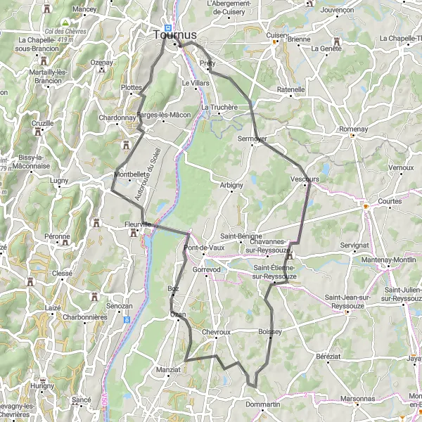 Map miniature of "Bourgogne Blis" cycling inspiration in Bourgogne, France. Generated by Tarmacs.app cycling route planner