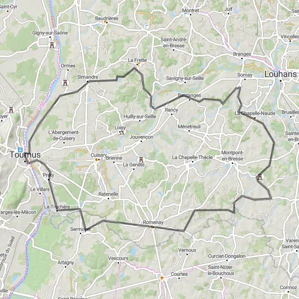 Map miniature of "Valleys and Villages" cycling inspiration in Bourgogne, France. Generated by Tarmacs.app cycling route planner