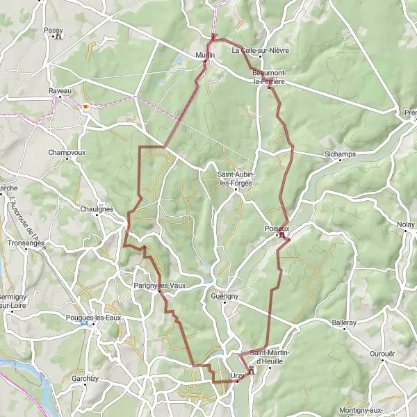 Map miniature of "Gravel Discovery" cycling inspiration in Bourgogne, France. Generated by Tarmacs.app cycling route planner