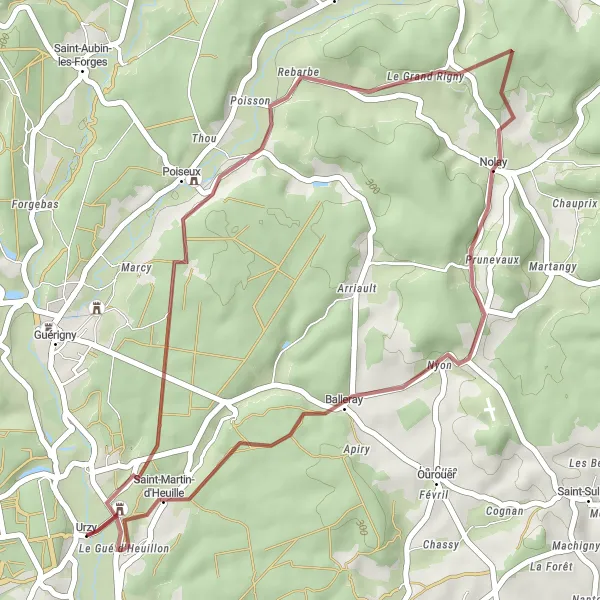 Map miniature of "Gravel Excursion" cycling inspiration in Bourgogne, France. Generated by Tarmacs.app cycling route planner