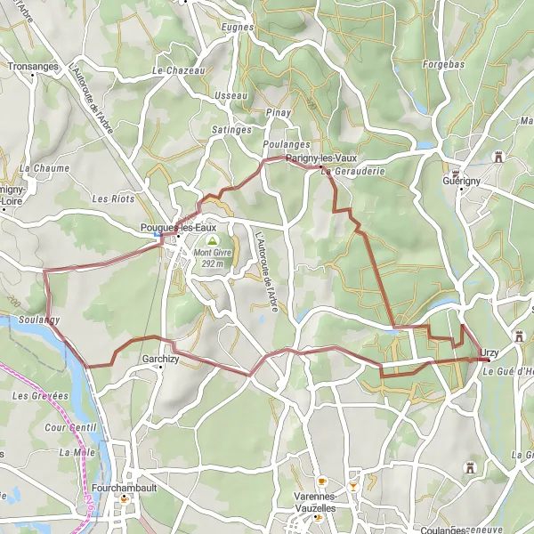 Map miniature of "Short and Sweet Gravel Route to Pougues-les-Eaux" cycling inspiration in Bourgogne, France. Generated by Tarmacs.app cycling route planner