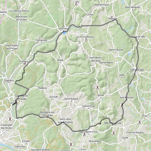 Map miniature of "Discover Urzy and Saxi-Bourdon on a Road Adventure" cycling inspiration in Bourgogne, France. Generated by Tarmacs.app cycling route planner