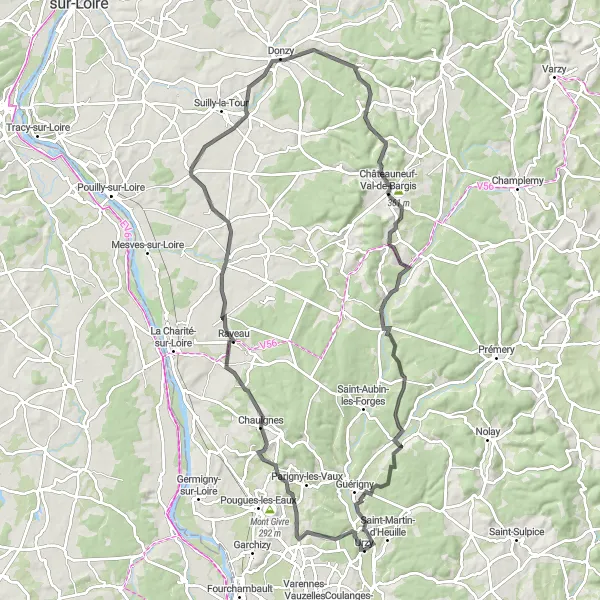 Map miniature of "Chaulgnes Loop" cycling inspiration in Bourgogne, France. Generated by Tarmacs.app cycling route planner