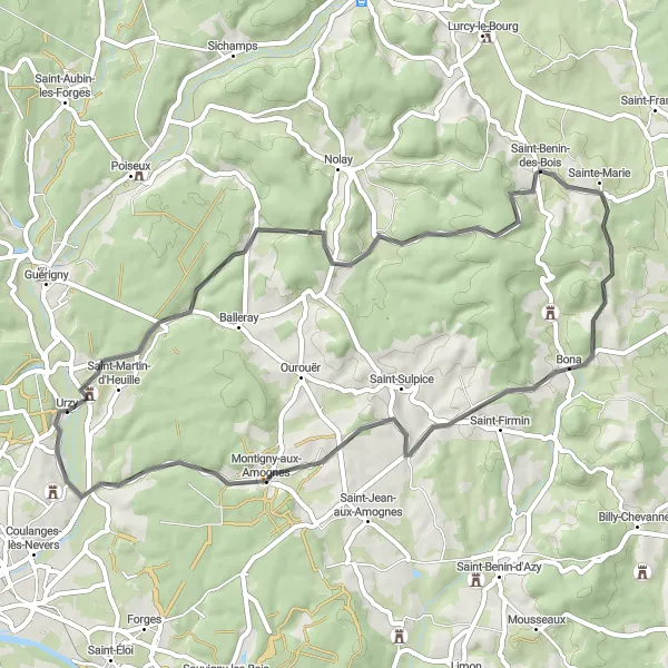 Map miniature of "Cultural Road Trip" cycling inspiration in Bourgogne, France. Generated by Tarmacs.app cycling route planner