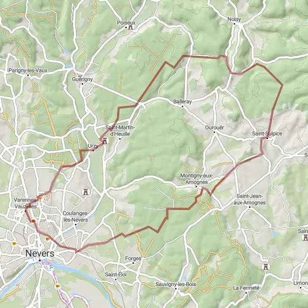 Miniature de la carte de l'inspiration cycliste "La Boucle de Gravel de Saint-Martin-d'Heuille" dans la Bourgogne, France. Générée par le planificateur d'itinéraire cycliste Tarmacs.app