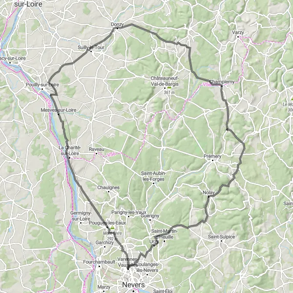 Miniature de la carte de l'inspiration cycliste "Parcours exigeant vers Nolay" dans la Bourgogne, France. Générée par le planificateur d'itinéraire cycliste Tarmacs.app