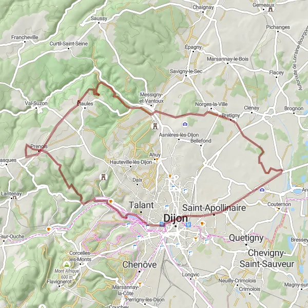 Miniature de la carte de l'inspiration cycliste "Circuit Nature et Patrimoine autour de Varois-et-Chaignot" dans la Bourgogne, France. Générée par le planificateur d'itinéraire cycliste Tarmacs.app
