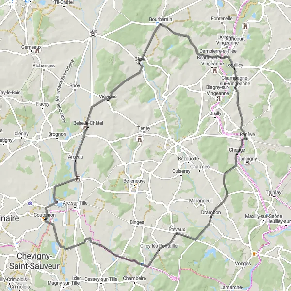 Map miniature of "The Arceau Loop" cycling inspiration in Bourgogne, France. Generated by Tarmacs.app cycling route planner