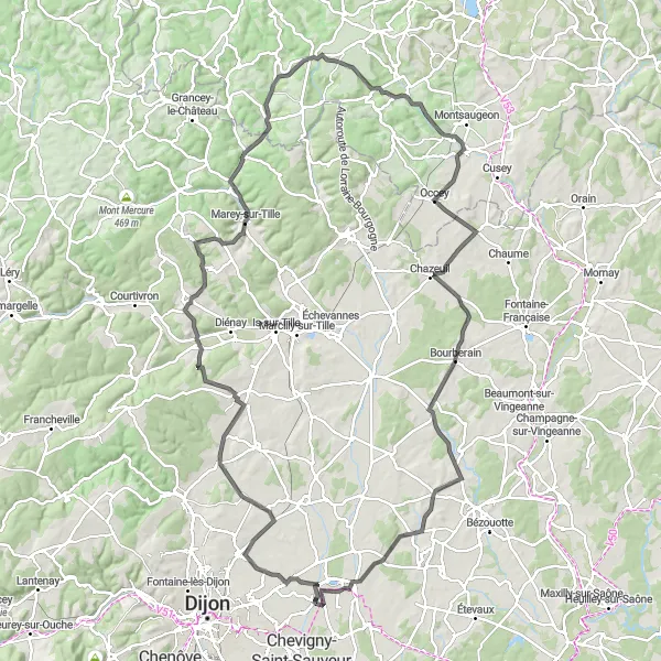 Map miniature of "The Villecomte Challenge" cycling inspiration in Bourgogne, France. Generated by Tarmacs.app cycling route planner