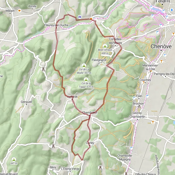 Map miniature of "Scenic Gravel Route to Fleurey-sur-Ouche" cycling inspiration in Bourgogne, France. Generated by Tarmacs.app cycling route planner