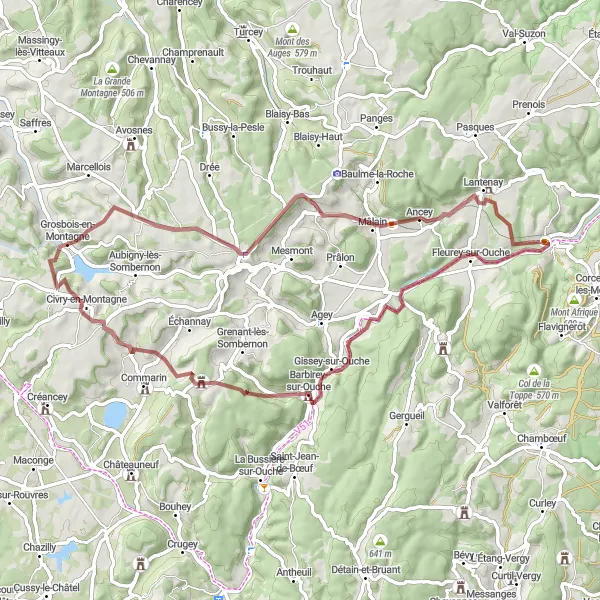 Map miniature of "Gravel Adventure: Velars-sur-Ouche to Viaduc de Fin" cycling inspiration in Bourgogne, France. Generated by Tarmacs.app cycling route planner