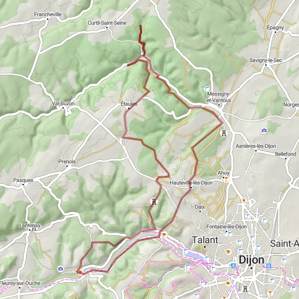 Map miniature of "Gravel Adventure: Velars-sur-Ouche to Dijon" cycling inspiration in Bourgogne, France. Generated by Tarmacs.app cycling route planner