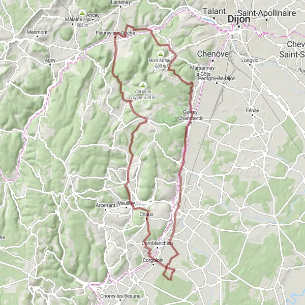 Map miniature of "Gravel Delight: Ouche Valley Exploration" cycling inspiration in Bourgogne, France. Generated by Tarmacs.app cycling route planner