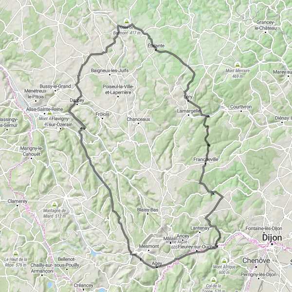 Miniature de la carte de l'inspiration cycliste "Tour de Velars-sur-Ouche à Val-Suzon" dans la Bourgogne, France. Générée par le planificateur d'itinéraire cycliste Tarmacs.app