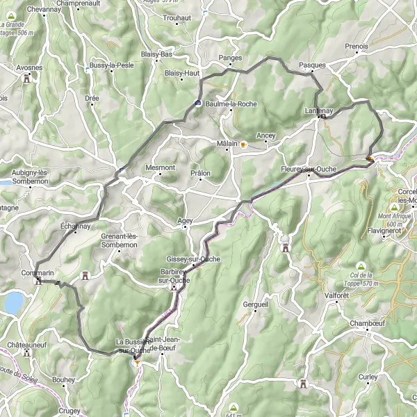 Map miniature of "Ouche Valley Loop" cycling inspiration in Bourgogne, France. Generated by Tarmacs.app cycling route planner