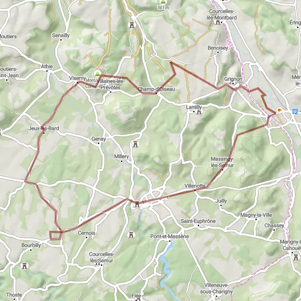 Map miniature of "Gravel Adventure to Roche Fraiche" cycling inspiration in Bourgogne, France. Generated by Tarmacs.app cycling route planner