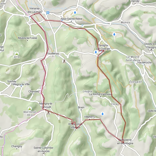 Map miniature of "The Gravel Adventure of Alise-Sainte-Reine" cycling inspiration in Bourgogne, France. Generated by Tarmacs.app cycling route planner