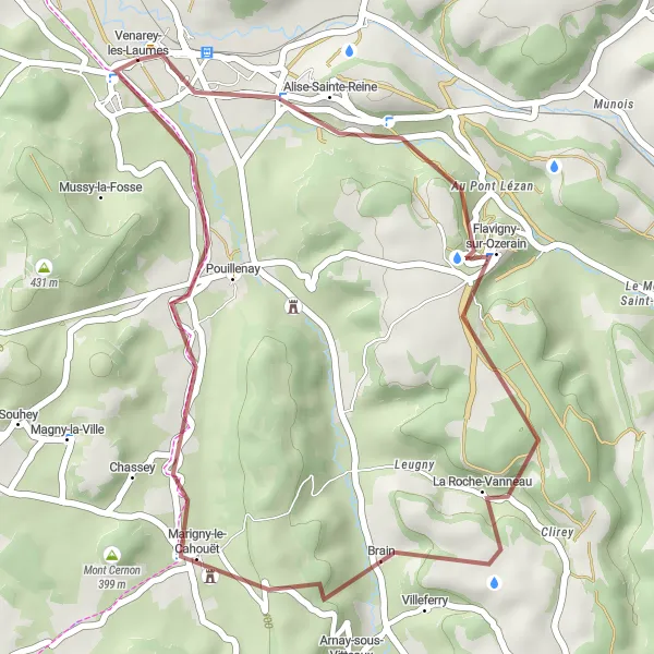 Map miniature of "Scenic Gravel Loop to Alise-Sainte-Reine" cycling inspiration in Bourgogne, France. Generated by Tarmacs.app cycling route planner