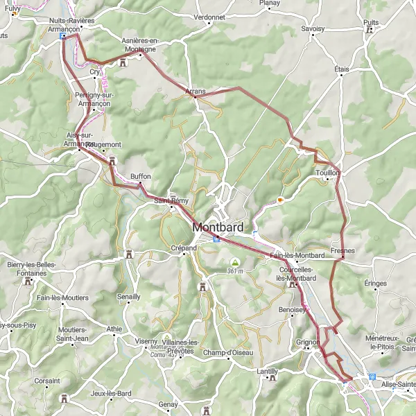 Map miniature of "Discovering Montbard on Gravel" cycling inspiration in Bourgogne, France. Generated by Tarmacs.app cycling route planner