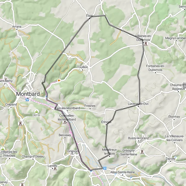 Miniature de la carte de l'inspiration cycliste "Les Routes Pittoresques de Bourgogne" dans la Bourgogne, France. Générée par le planificateur d'itinéraire cycliste Tarmacs.app