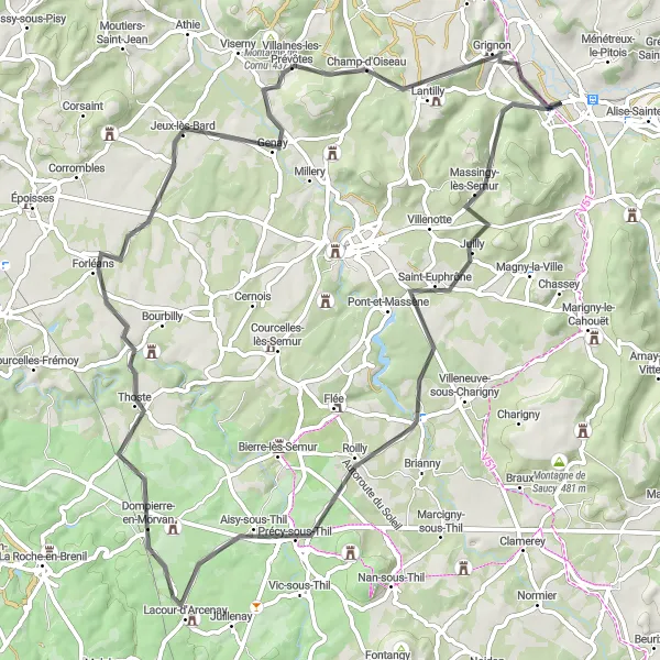 Map miniature of "Discover the Countryside on Two Wheels" cycling inspiration in Bourgogne, France. Generated by Tarmacs.app cycling route planner