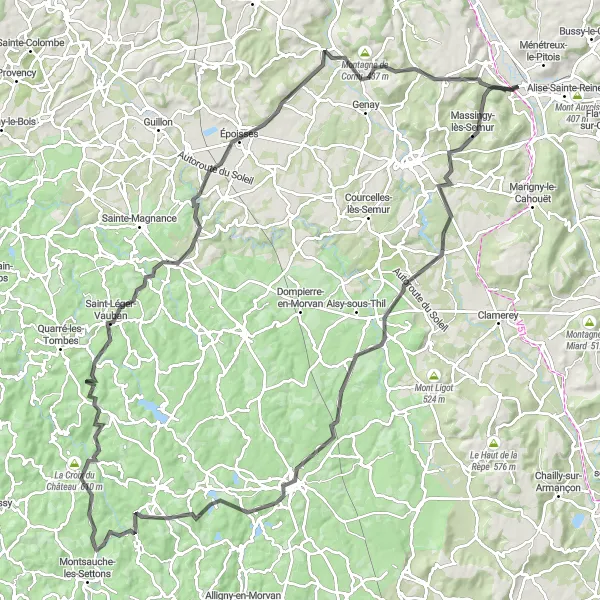 Map miniature of "The Scenic Road Cycling Experience" cycling inspiration in Bourgogne, France. Generated by Tarmacs.app cycling route planner