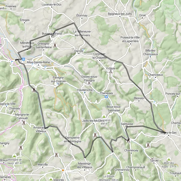 Map miniature of "Exploring Scenic Routes of Bourgogne" cycling inspiration in Bourgogne, France. Generated by Tarmacs.app cycling route planner