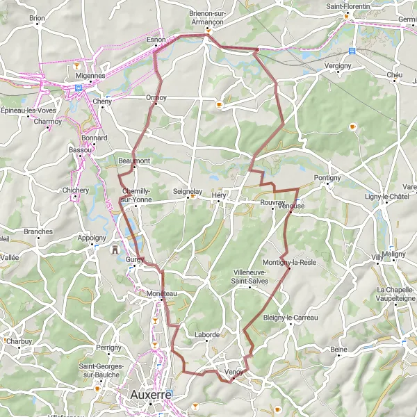 Map miniature of "Countless Wonders of Yonne" cycling inspiration in Bourgogne, France. Generated by Tarmacs.app cycling route planner