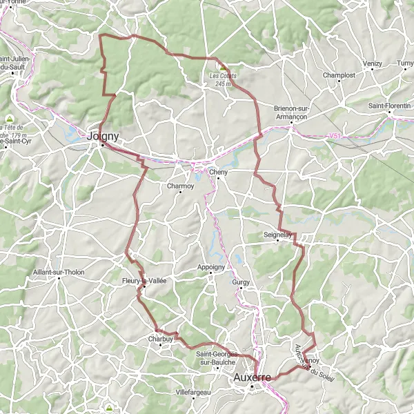 Map miniature of "Gravel Adventures in Yonne" cycling inspiration in Bourgogne, France. Generated by Tarmacs.app cycling route planner