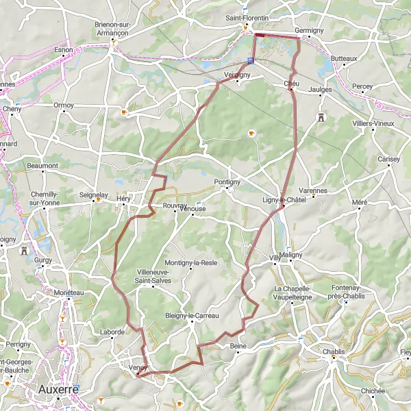 Map miniature of "Gravel Adventure" cycling inspiration in Bourgogne, France. Generated by Tarmacs.app cycling route planner