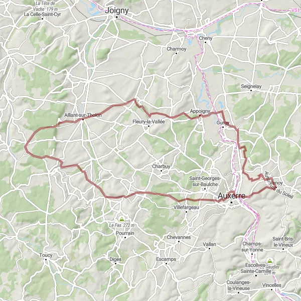 Miniature de la carte de l'inspiration cycliste "Les Chemins de l'Yonne" dans la Bourgogne, France. Générée par le planificateur d'itinéraire cycliste Tarmacs.app