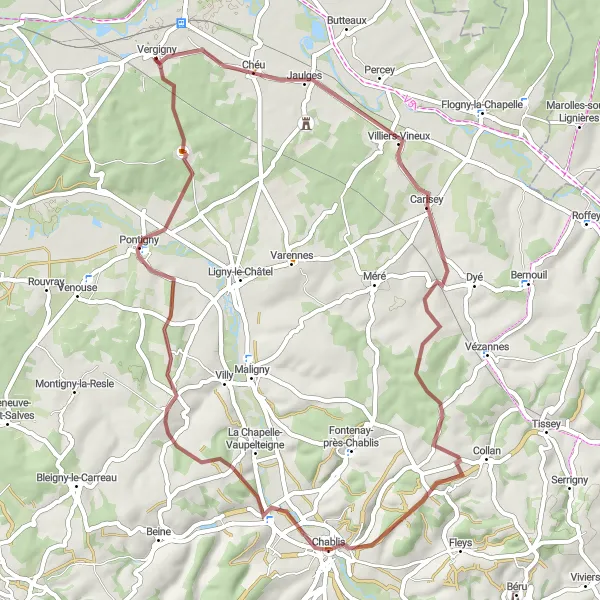 Miniature de la carte de l'inspiration cycliste "Boucle à vélo tout terrain autour de Vergigny" dans la Bourgogne, France. Générée par le planificateur d'itinéraire cycliste Tarmacs.app