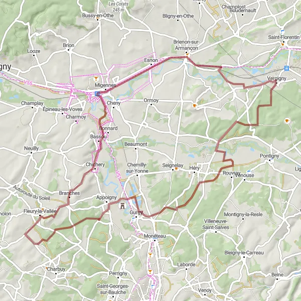 Map miniature of "Gravel Adventure to Migennes" cycling inspiration in Bourgogne, France. Generated by Tarmacs.app cycling route planner