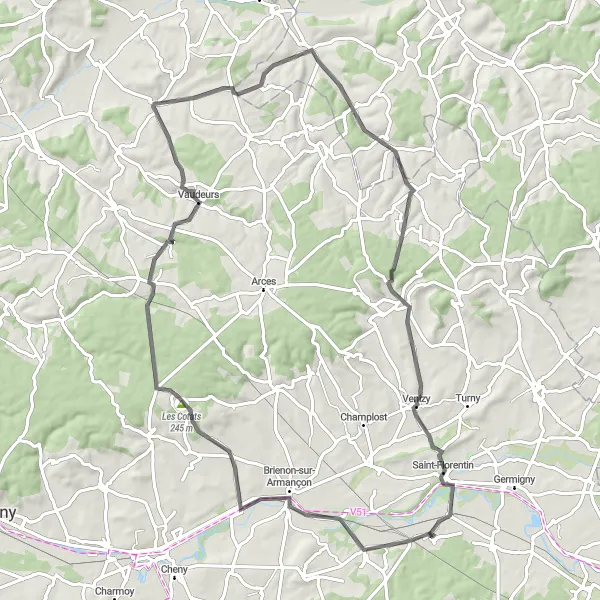 Map miniature of "Vergigny to Venizy Road Cycling Route" cycling inspiration in Bourgogne, France. Generated by Tarmacs.app cycling route planner