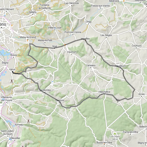 Map miniature of "Road Cycling through Malay-le-Petit & Villechétive" cycling inspiration in Bourgogne, France. Generated by Tarmacs.app cycling route planner