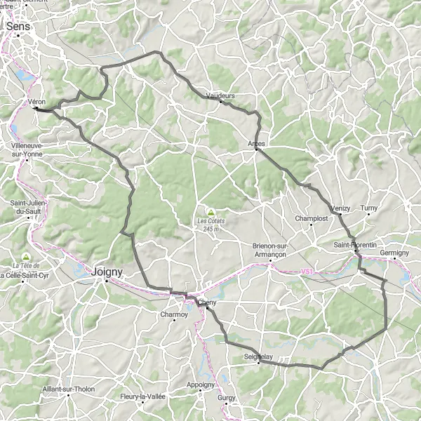 Map miniature of "Bourgogne's Venetian Sunset Tour" cycling inspiration in Bourgogne, France. Generated by Tarmacs.app cycling route planner