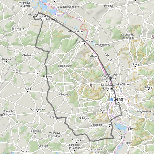 Map miniature of "Villemanoche Loop - The Serene Beauty of Countryside" cycling inspiration in Bourgogne, France. Generated by Tarmacs.app cycling route planner