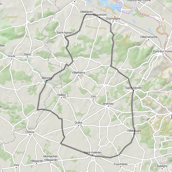 Map miniature of "Villeblevin Adventure - Road Cycling at Its Finest" cycling inspiration in Bourgogne, France. Generated by Tarmacs.app cycling route planner