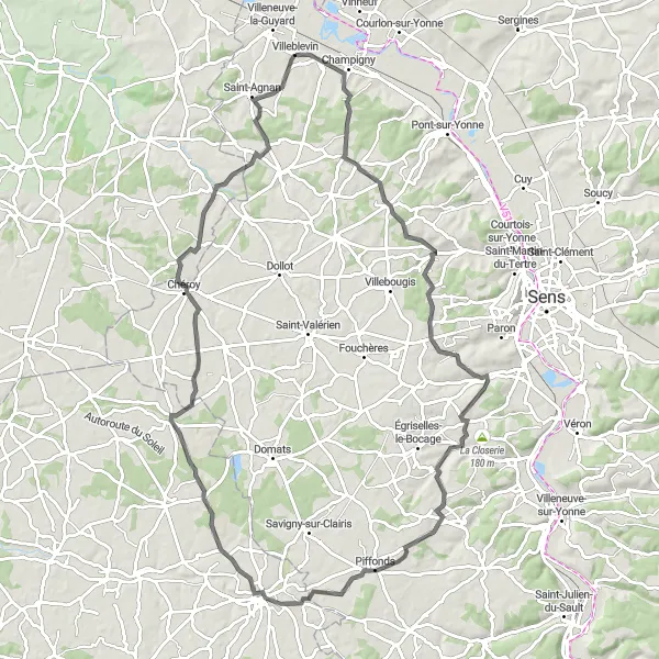 Miniature de la carte de l'inspiration cycliste "Boucle vers Saint-Sérotin et Blennes" dans la Bourgogne, France. Générée par le planificateur d'itinéraire cycliste Tarmacs.app