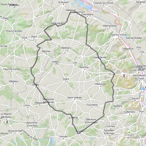 Map miniature of "Villeblevin Scenic Road Adventure" cycling inspiration in Bourgogne, France. Generated by Tarmacs.app cycling route planner