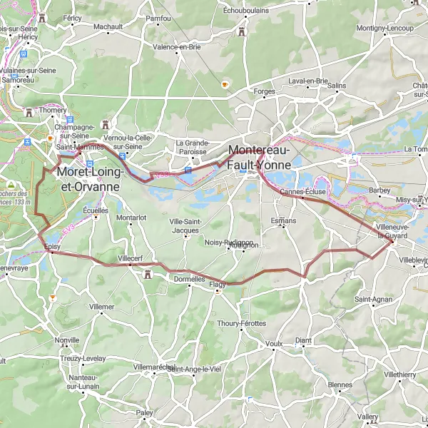 Miniature de la carte de l'inspiration cycliste "Boucle de Villeneuve-la-Guyard à La Brosse-Montceaux" dans la Bourgogne, France. Générée par le planificateur d'itinéraire cycliste Tarmacs.app