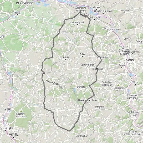 Miniature de la carte de l'inspiration cycliste "Aventure cycliste autour de Villeneuve-la-Guyard" dans la Bourgogne, France. Générée par le planificateur d'itinéraire cycliste Tarmacs.app