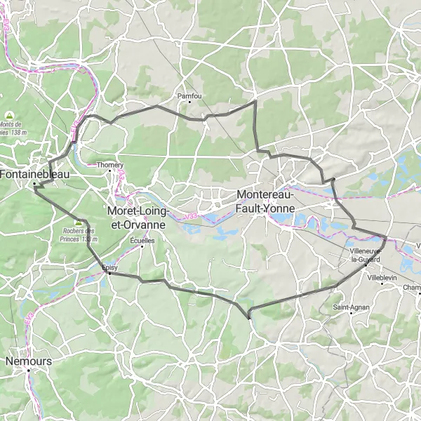 Miniature de la carte de l'inspiration cycliste "Boucle à vélo autour de Villeneuve-la-Guyard" dans la Bourgogne, France. Générée par le planificateur d'itinéraire cycliste Tarmacs.app