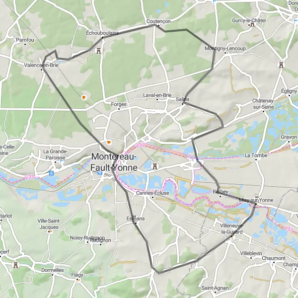 Map miniature of "The Esmans Loop" cycling inspiration in Bourgogne, France. Generated by Tarmacs.app cycling route planner
